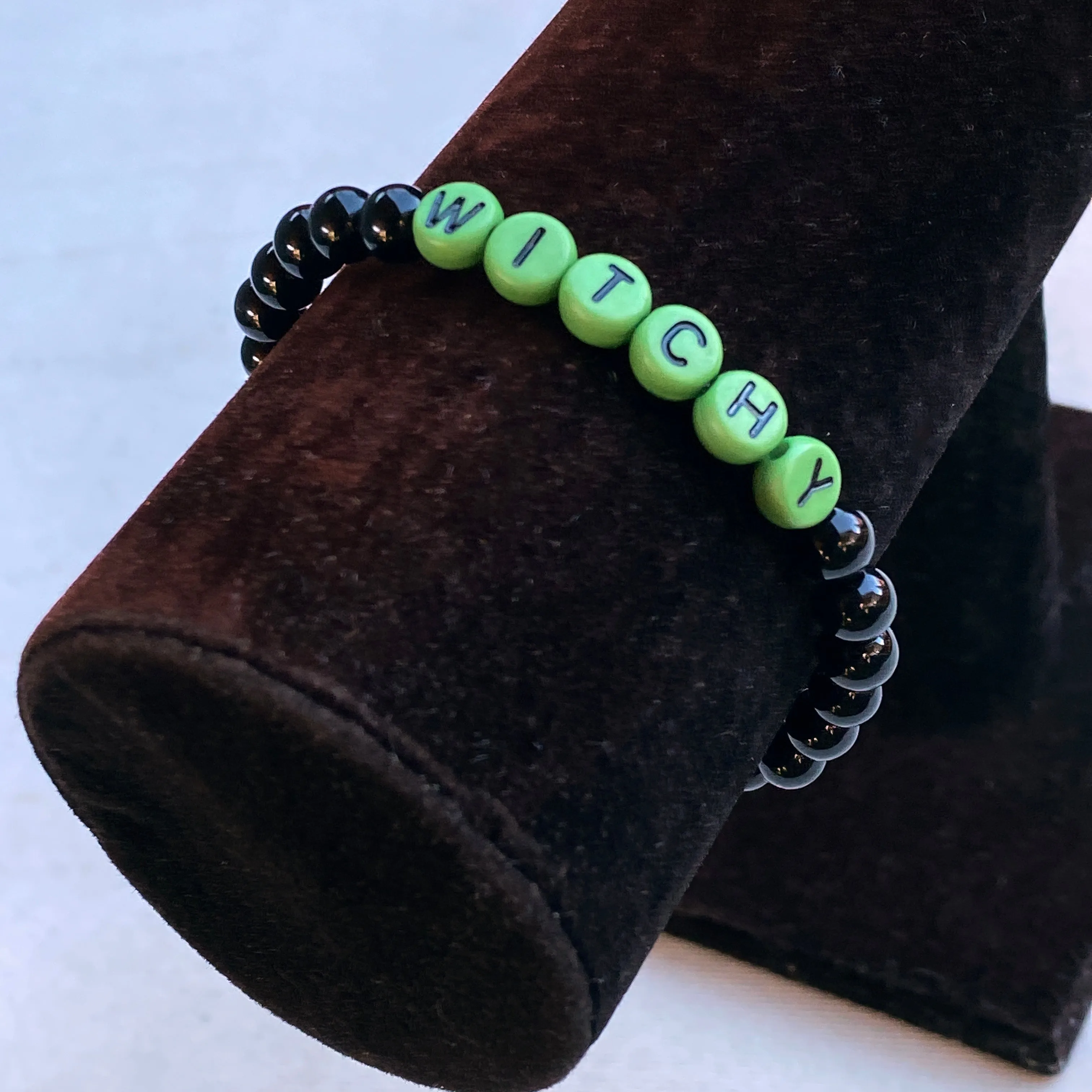 Women’s Halloween Black & Green Gemstone phrase Bracelet