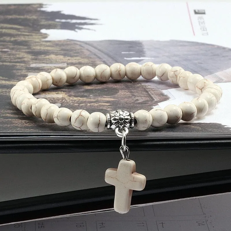 WWJD Vintage Cross Natural Stone 6mm Beads Bracelet