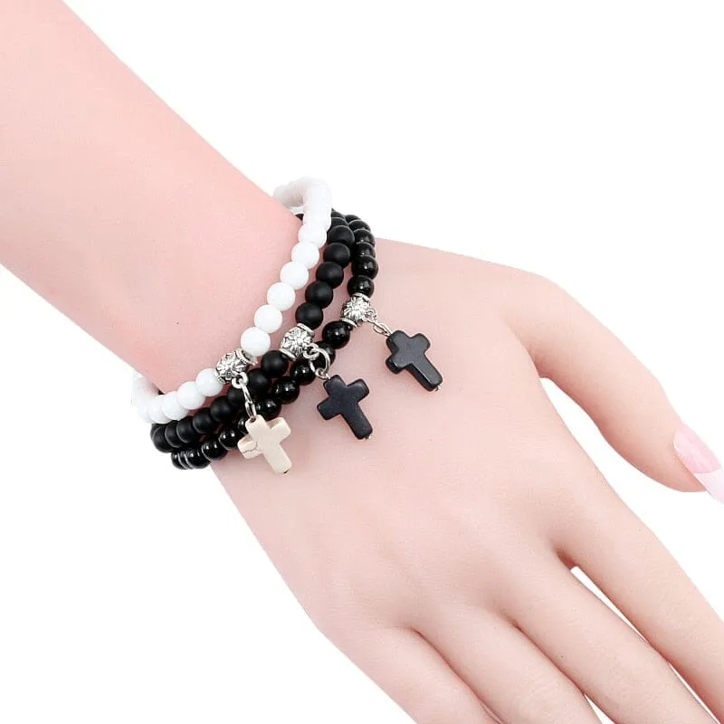 WWJD Vintage Cross Natural Stone 6mm Beads Bracelet