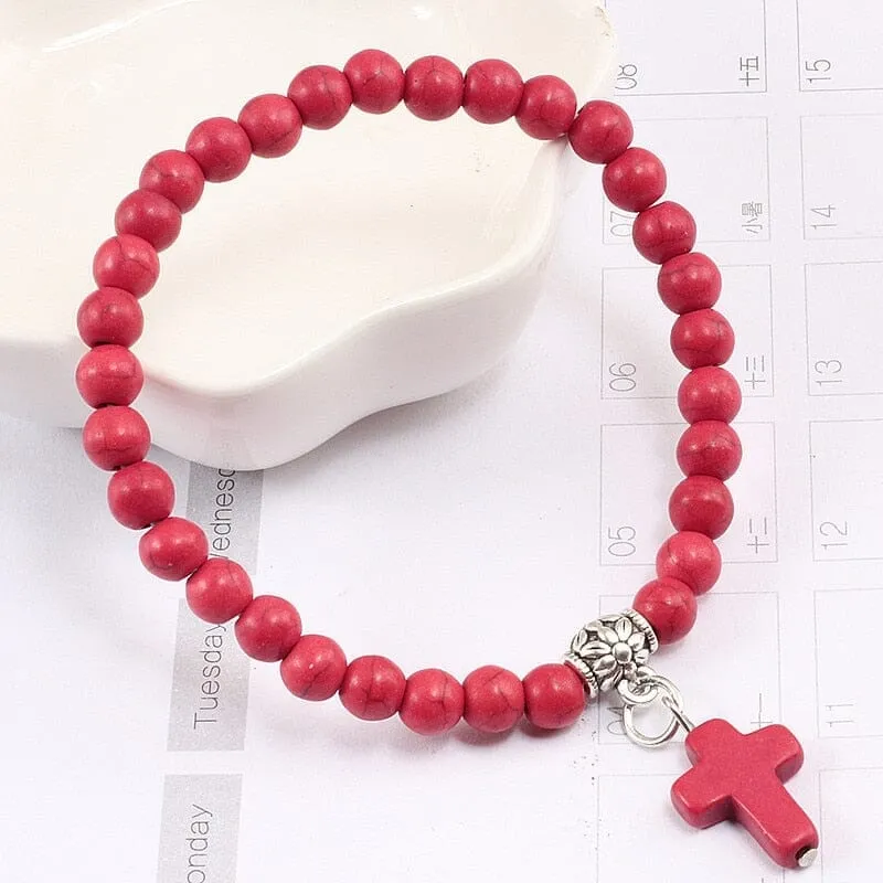 WWJD Vintage Cross Natural Stone 6mm Beads Bracelet