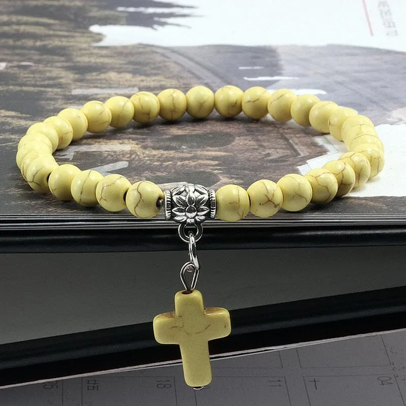 WWJD Vintage Cross Natural Stone 6mm Beads Bracelet